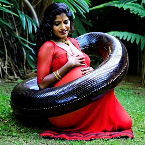 Pregnant  Happy Horny, aroused 1girl), beautiful kneeling indian young teen girl  with  giant black Titanboa squeezing her hard, wrapped in thick spiraling coils, constricted, struggle, gasping for air, snake attack, snake peril, moonless night, dim light