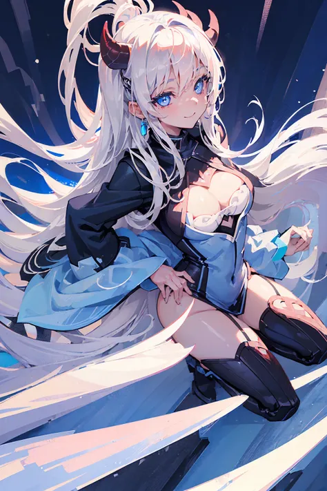 (((1 demon girl))), ((detailed blue eyes)), ((long silver hair)), large breasts, curvy hips, perfectly drawn body, seductive smile, best quality, masterpiece, ultra-detailed