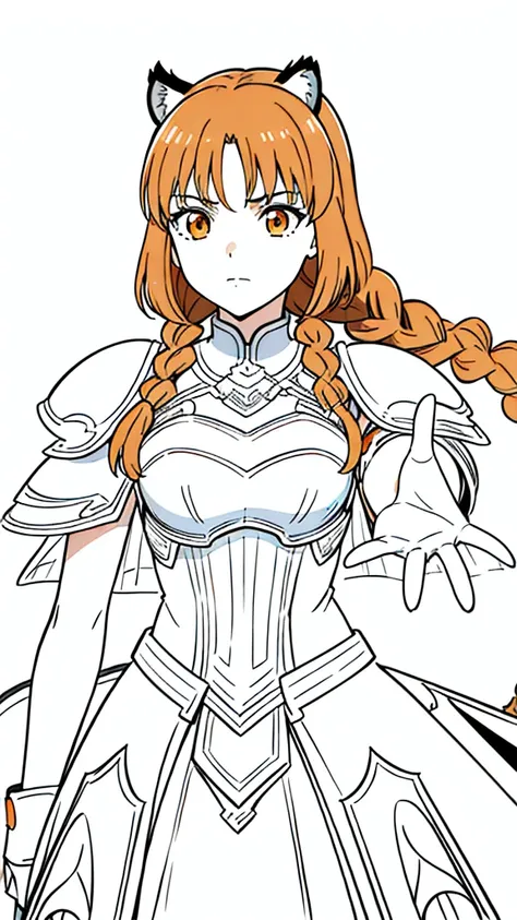 (1girl,20 years old,mature female,solo),tiger ears,long hair,(twin braids),orange hair,white knight armor,(white background,line drawing),upper body,serious,upper body,outstretched hand