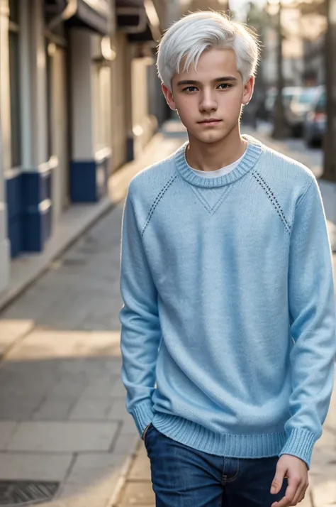 (Masterpiece, Best Quality),1 5 year old boy with medium white hair walking alone on the street, warm lighting, with a light blue sweater, with a white shirt under his sweater, Blurry closeup