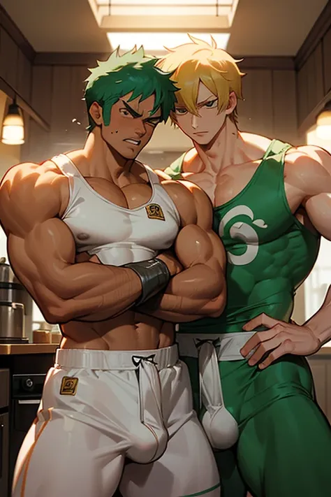 Sanji and Roronoa Zoro from One Piece in a kitchen. Making protein shakes. Both have trained themselves to look and act like big dumb bodybuilder jocks. Blending in with the other bodybuilder jocks. Assimilation. Dumb jock bros. Blank stares. Hyper crotch ...