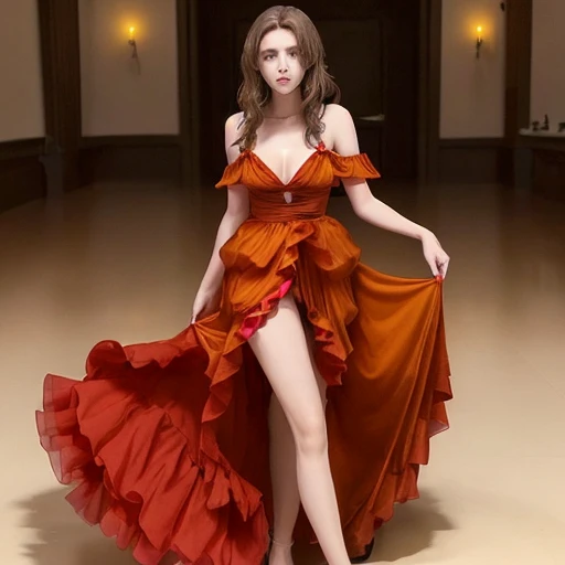 A girl with floor-length light brown hair and yellow eyes wearing a sexy red dress 