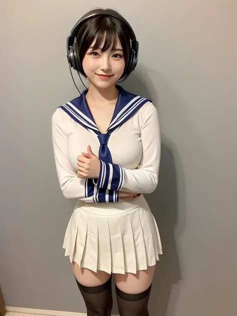 best quality, masterpiece, realistic, photorealistic, 1girl, solo, looking at viewer, smile, standing, full body, arms at side, cosplay, BLACK hair, very short hair, headphones, alternate costume, , sailor collar, shirt, long sleeves, necktie, skirt, pleat...