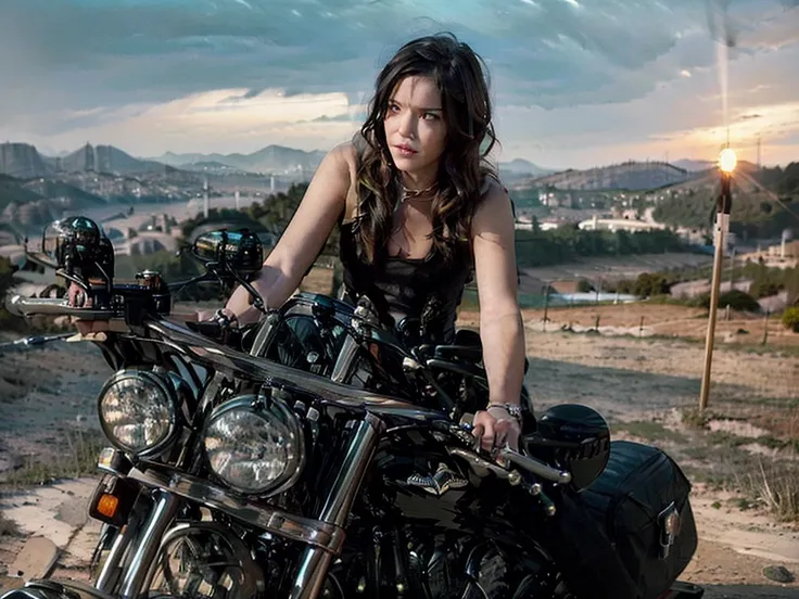 Woman riding a Harley,Long black hair with red highlights, Full Scene Shot, Highest quality, sunset, Step Path, The wind is blowing,Look up at the sky， Beautiful woman, Outdoor Scene, 自然のlandscape, bikini, Umbilical cord prolapse, jeans，Cross Belt、Highly d...