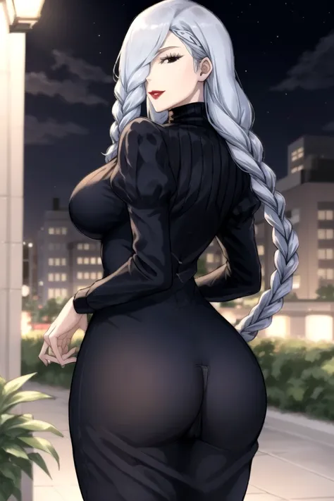 MeiMeiBD1, 1girl, solo, long hair, braid, hair over one eye, dress, smile, (((underwear)))), looking at viewer, breasts, long sleeves, braided bangs, large breasts, blue hair, braided ponytail, turtleneck dress, cowboy shot, makeup, red lips, grey hair, on...