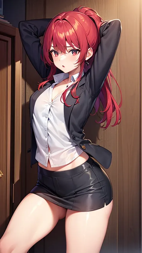 1girl, underwear, tight shirt, open blazer, lingerie, big chest, long torso, red hair, ponytail, shiny skin, cupboard stretching upwards