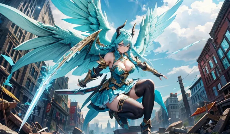 Girl with long cyan hair and double braids，Dragon Horn，Dragon Wings，tights，Cyan armor，cleavage，Iron skirt，thigh，Great sword，ruined city