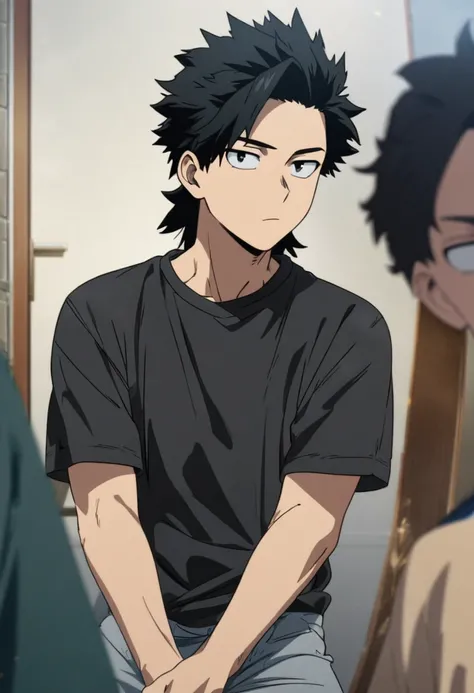 A highschool boy, handsome, perfect body, black hair, short hair, mullet black eyes, expressionless, black shirt, anime, first-person view, My Hero Academia art style, masterpiece, anatomically correct, high details, highres, best quality, super detail, 10...