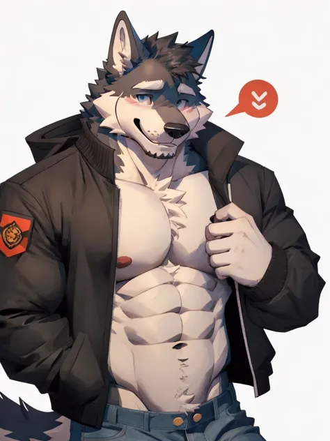 white background, Furry, wolf, male, muscular, big muscles, wearing jacket, wearing, jeans, full body, look at viewer, blushing, shy, smiling, closed eye