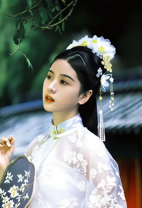 photography,Inspired by Song Huizong,4K
,photo by Wong Kar-wai, a 18 year old Chinese girl, wearing an
embroidery craft cheongsam, holding a fan, wearing a delicate hanfu
on her head, dramatic flower scattering