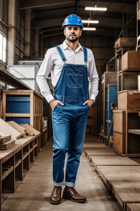 Image of leadership in a metalworking company dressed in blue overalls