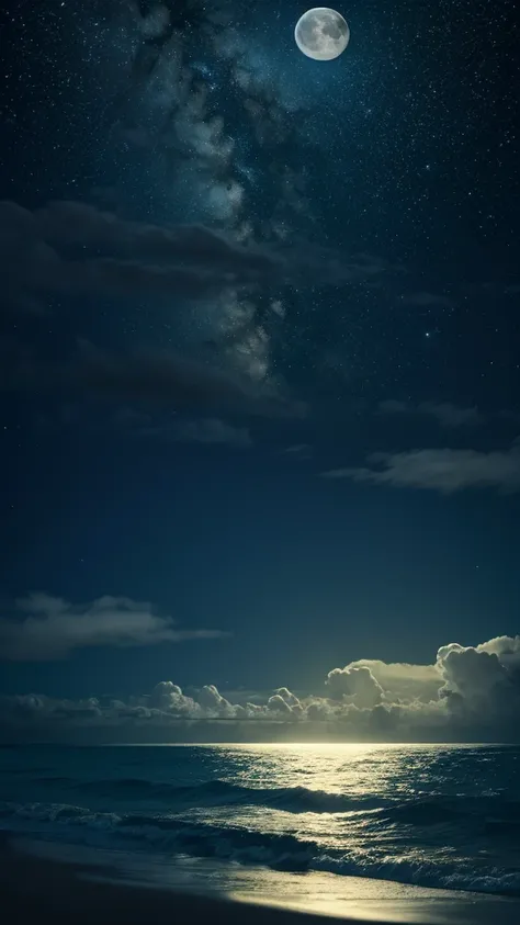 moon, night, null, full, dark, Ocean, null間, stars, clouds, 惑star, moonLight, green, Ocean, Light, cloud, water, star, nature, landscape, astronomy, black, universe, horizon, bright, Fantasy