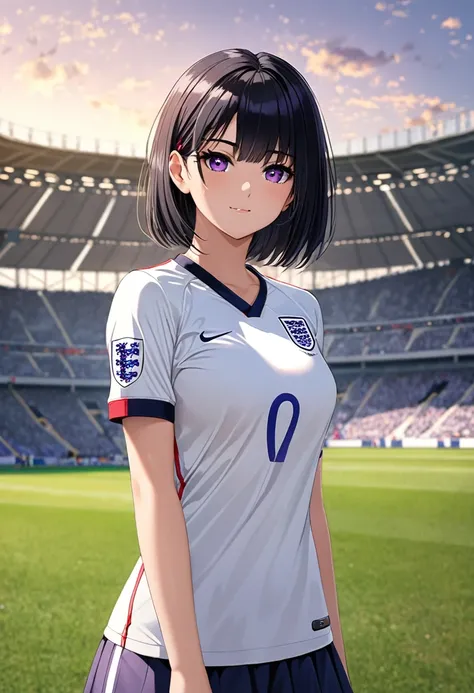 Top quality, masterpiece, high resolution, 17 years old girl, wearing an England football jersey, short hair, straight hair, and black hair, hazel right eye, purple left eye, cool face, big breast, field background