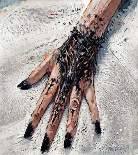 Hyper detailed gouache painting of a Female hand with tattoos, 1_hand, detailed fingers, hyper detailed, perfect hand, perfect nails, anathomicaly accurated.