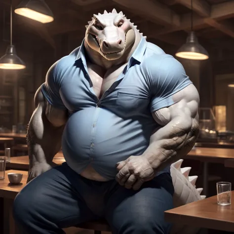 (wearing shirt:1.6), (wearing pants), sitting on a cafeteria:1.2, smiling:1.6, closed eyes:1.2, blushed cheeks:1.4, pink cheeks

Anthro, male,reptile,(alligator:1.25), (white body:1.8), chubby:1.2, big body, thick furry neck and chest fluff, (middle-age:1....