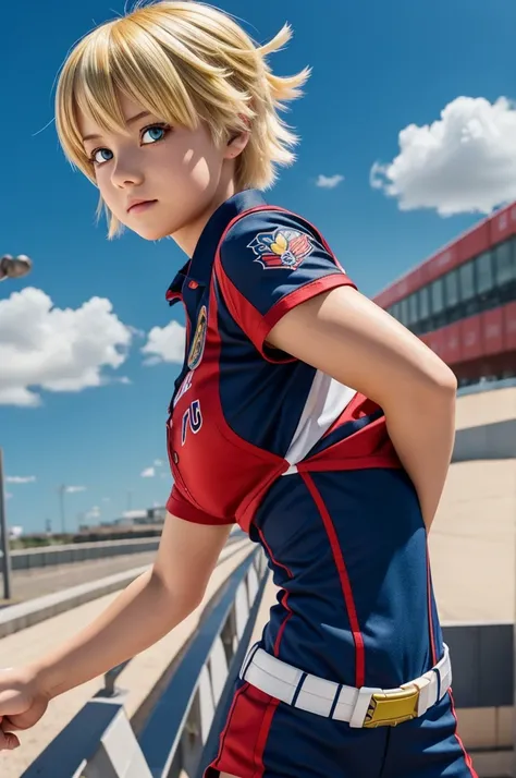 my hero academia girl with blonde butterfly cut hair red eyes like bakugo with the UA uniform