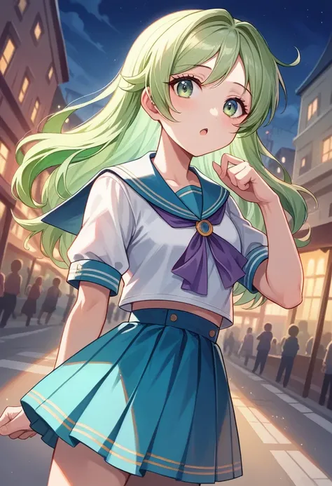 masterpiece)), ((best quality)), (ultra-detailed), ((kawaii)), cute, (lovely), ((extremely detailed)), 4K, (8K), best quality, (beautiful), dynamic angle, city, town, night, a cute girl, solo, (idol), (young entertainer), beautiful light green hair, (beaut...