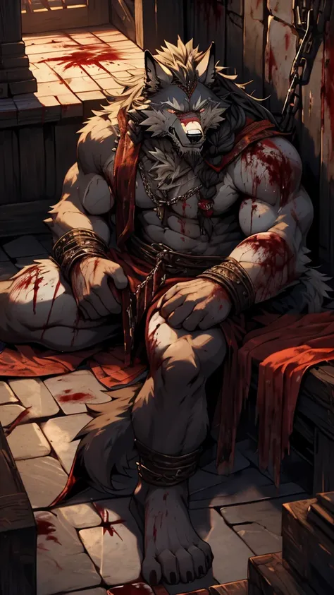 (masterpiece),(highres),(intricate details:1.4),extremely detailed,(illustration:1.2),8k,photorealistic,full body,exquisite,solo,elder male wolf,muscular,general,defeated,naked,(damaged body:1.4),long hair,braided hair,beard,scar,naked,captured,imprisoned,...