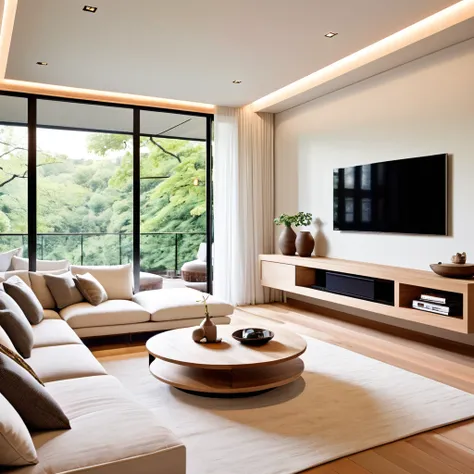 Design a sleek and modern living room with a minimalist approach. The space features a large white sectional sofa set on a light wood floor, accompanied by a neutral-toned rug. The walls are painted in a soft, light color to enhance the rooms brightness. A...