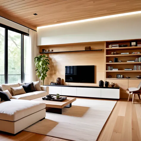 Design a sleek and modern living room with a minimalist approach. The space features a large white sectional sofa set on a light wood floor, accompanied by a neutral-toned rug. The walls are painted in a soft, light color to enhance the rooms brightness. A...