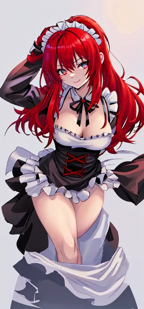 red hair，hair growing to the neck，slightly short，self-made roll，black maid outfit，cold expression，1.53 meters，big breasts，shorte...