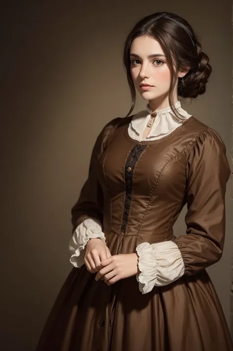 Caucasian woman with dark brown hair and brown eyes, and clothing from the 1817 era