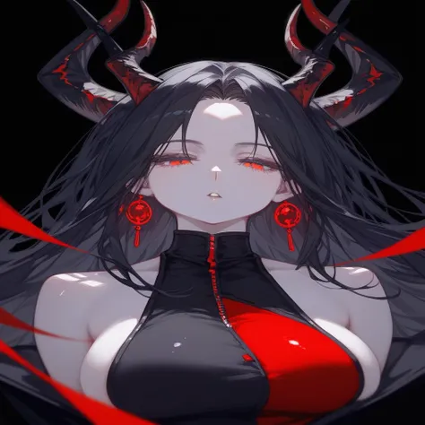 masterpiece, Score_9, Score_8_up, Score_7_up, front view, 1 woman, alone, black hair with red, long hair, parted bangs, dark red eyes, half-closed eyes, parted lips, expressionless, pale skin, large breasts, body suit, black bottom, best quality, horns up,...