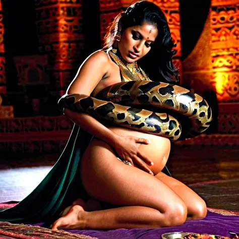 Pregnant  topless Happy Horny, aroused 1girl), beautiful kneeling indian young teen belly dancer girl  with  giant black Titanboa squeezing her hard, wrapped in thick spiraling coils, constricted, struggle, gasping for air, snake attack, snake peril, moonl...