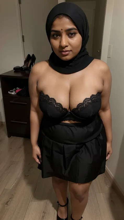 Realistic, 4K,38 yo, indian Kerala chubby fat hijab housewife ayisha,wearing strapless black bra and skirt, fair skin, standing at bedroom, high heel shoes , showing cleavages