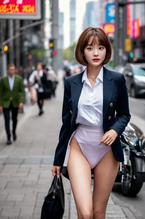 a 19 year old face of the most beautiful actress in the world, the perfect body proportions of a female, blazer is worn with formal shirt on female upper body, female crotch in panties between bare legs are seen a little thanks to skirt is too short, the s...