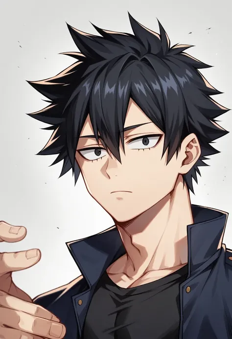 A highschool boy, handsome, perfect body, black hair, short hair, mullet black eyes, expressionless, black shirt, black jacket, anime, first-person view, My Hero Academia art style, masterpiece, anatomically correct, high details, highres, best quality, su...