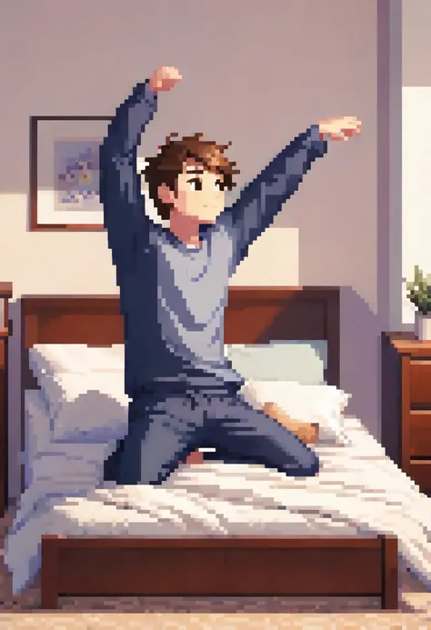 guys getting up from bed lazily raising one arm pixel