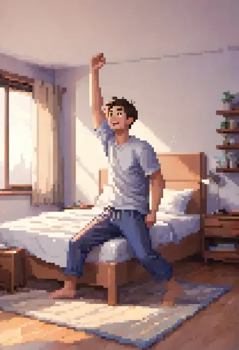 guys getting up from bed lazily raising one arm pixel