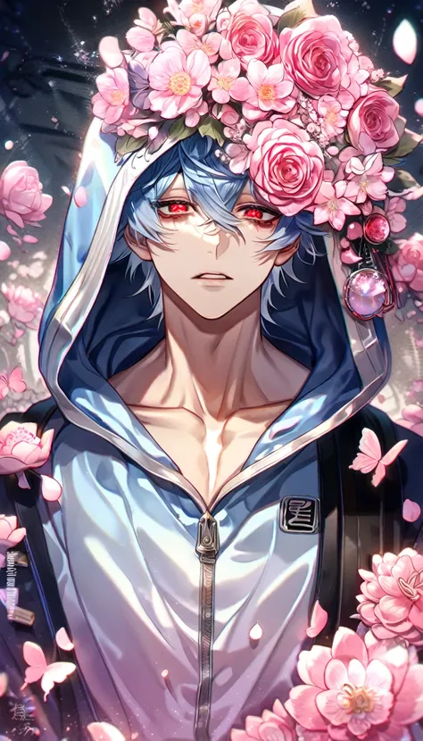 absurdres, highres, ultra detailed, HDR, master piece, best quality, Kuro, expressive red eyes, messy hair, light-blue hair, black bags under the eyes, Servamp, solo, sexy man, handsome, light-blue jacket, hood pulled over his head, fantasy, shining, pink ...