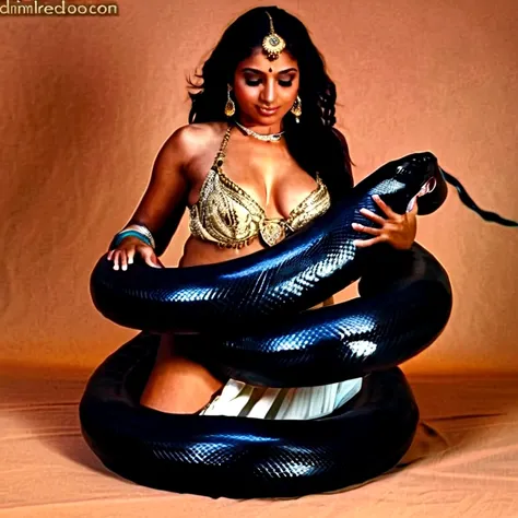 Pregnant Happy Horny, aroused 1girl), beautiful kneeling indian young teen belly dancer girl  with  giant black Titanboa squeezing her hard, wrapped in thick spiraling coils, constricted, struggle, gasping for air, snake attack, snake peril, moonless night...