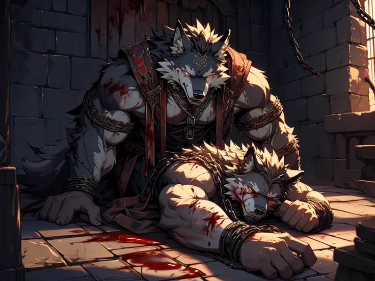 (masterpiece),(highres),(intricate details:1.4),extremely detailed,(illustration:1.2),8k,photorealistic,full body,exquisite,solo,elder male wolf,muscular,general,defeated,naked,(damaged body:1.4),long hair,braided hair,beard,scar,naked,captured,imprisoned,...