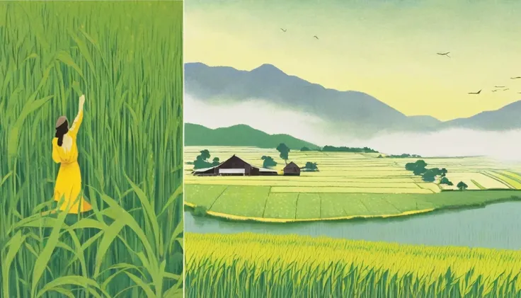 A beautiful illustration, Endless rice fields, half yellow half green, Will Barnett (Will Barnet) modeling, Attached are 50D movie stills, Idyllic, Rural, panoramic,