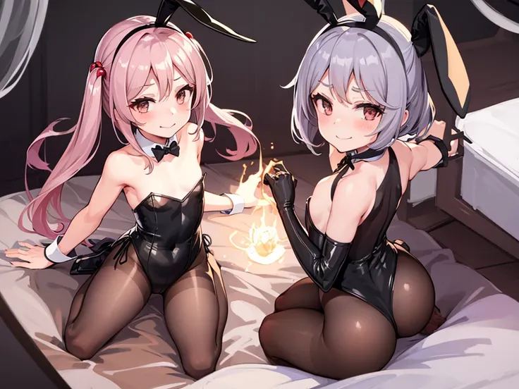 1girl, solo, rabbit ears,, black rabbit ears, bunny-girl outfit, playboy bunny,, impish smile, ,flat breasts,(flat chest, 5yo), leotard, pantyhose, black pantyhose, rabbit tail, indoors, on bed,,twintails,pink_hair,sazanami (kancolle) ,masterpiece, best qu...