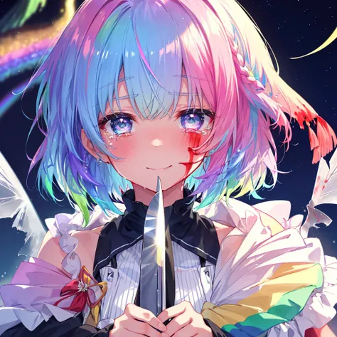 (((Extreme close-up　tears　smile　Hold a knife with both hands　Bleeding on the cheek)))　((輝くtears　Rainbow Hair　Rainbow Eyes　Short Hair　Receiving the light　smile　Rainbow light　Aurora))　(Shining Edge　Pillar of Light)