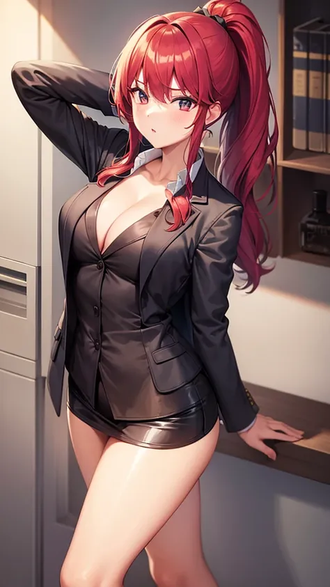 1girl, underwear, tight shirt, open blazer, lingerie, big chest, long torso, red hair, ponytail, shiny skin, cupboard stretching upwards