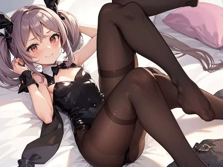 1girl, solo, rabbit ears,, black rabbit ears, bunny-girl outfit, playboy bunny,, impish smile, ,flat breasts,(flat chest, 5yo), leotard, pantyhose, black pantyhose, rabbit tail, indoors, on bed,,twintails,pink_hair,sazanami (kancolle) ,masterpiece, best qu...