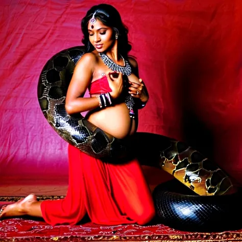 Pregnant Happy Horny, aroused 1girl), beautiful kneeling indian young teen belly dancer girl  with  giant black Titanboa squeezing her hard, wrapped in thick spiraling coils, constricted, struggle, gasping for air, snake attack, snake peril, moonless night...