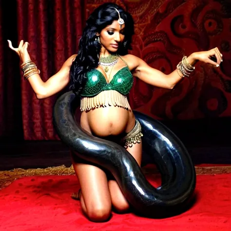 Pregnant Happy Horny, aroused 1girl), beautiful kneeling indian young teen belly dancer girl  with  giant black Titanboa squeezing her hard, wrapped in thick spiraling coils, constricted, struggle, gasping for air, snake attack, snake peril, moonless night...