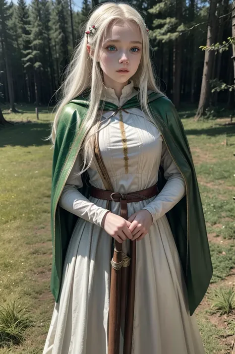 A 16-year-old girl with albinism, characterized by her fair skin and striking light eyes. "
               "She has long, flowing white hair. "
               "She is dressed in traditional medieval archer attire, including a leather tunic, a green cloak, ...