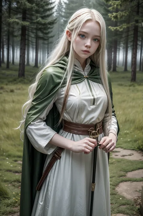 A 16-year-old girl with albinism, characterized by her fair skin and striking light eyes. "
               "She has long, flowing white hair. "
               "She is dressed in traditional medieval archer attire, including a leather tunic, a green cloak, ...