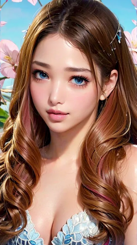 beauty, mystical eyes、big 、super sexy、pale skin、shiny hair、super long hair、loose and fluffy perm、close to blonde、are fat、fat、smi...