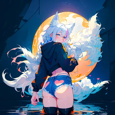 a cute adult male with wolf ears, long white hair, long locks, has a wolf tail, wearing a loose cropped black hoodie, wearing a pair of denim short shorts and fishnet stockings, thick thighs, wide hips, relaxing on mound of fluffy multi colored kawaii plus...