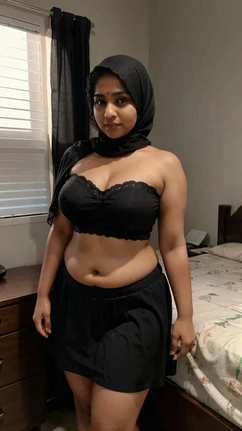 Realistic, 4K,38 yo, indian Kerala chubby fat hijab housewife,wearing strapless black bra and skirt, fair skin, standing at bedroom , showing cleavages