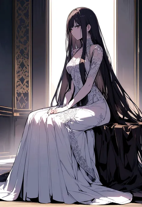 Long-haired woman sitting on the floor、front、Straight Hair