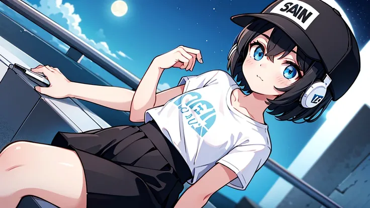 1girl, solo, blue eyes, (detailed eyes), flat chest, short hair, black hair, baseball cap, white cap, ((white t-shirt)), simple t-shirt, black skirt, black socks, upper body, ((masterpiece, illustration, best quality)) sitting on the rooftop during night t...